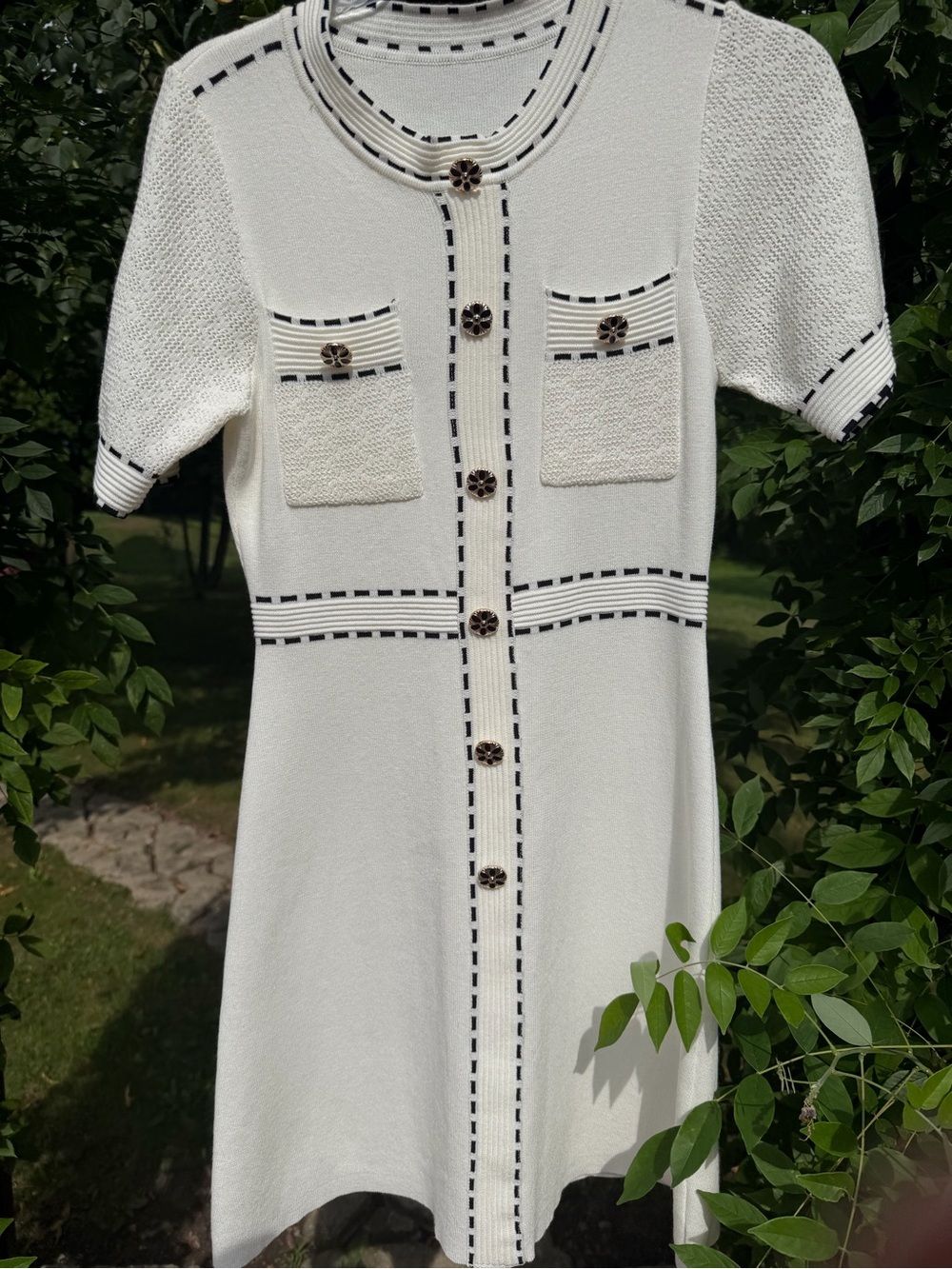 Cream Knit Short-Sleeve Button-Front Dress with Contrast Trim